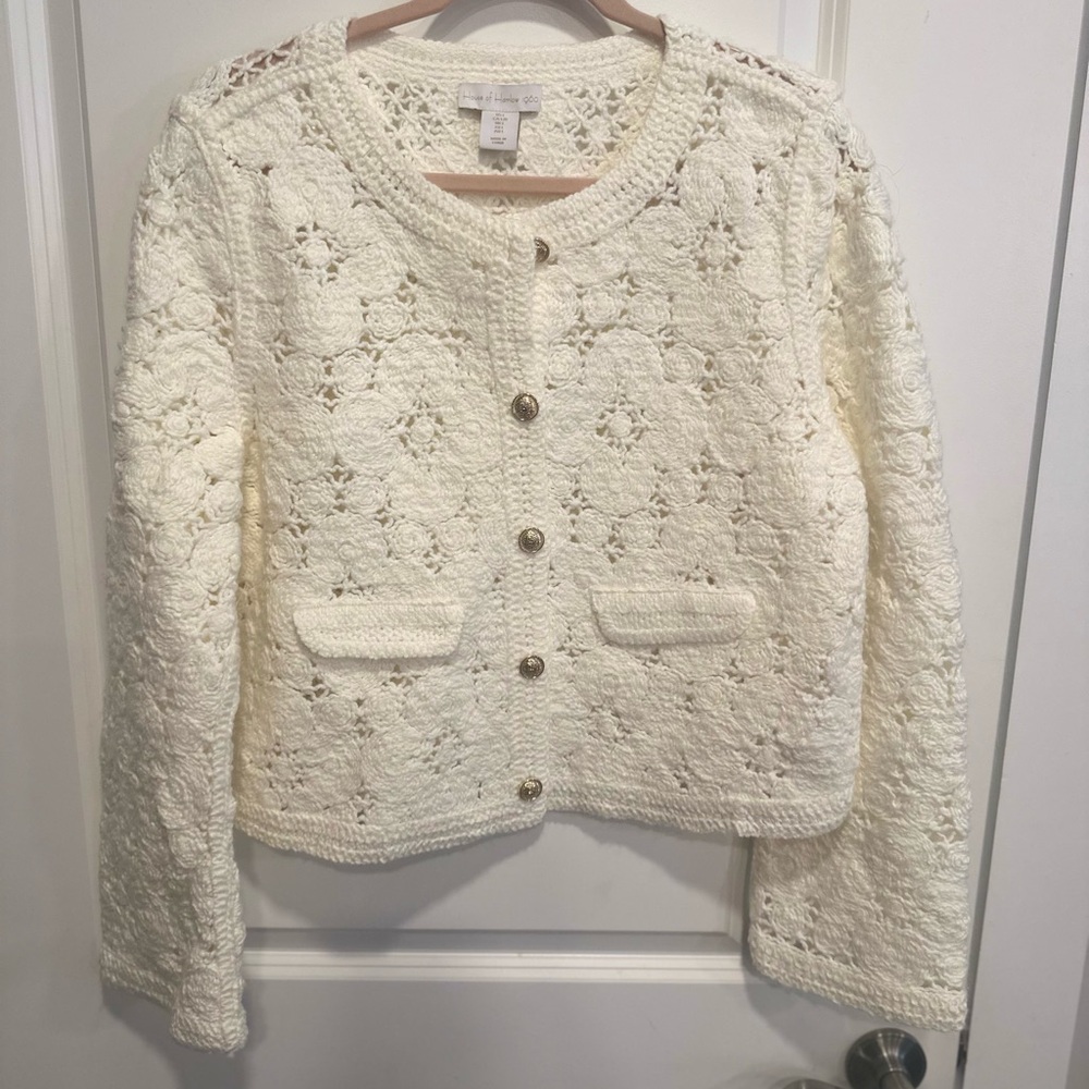 Cream Crochet Button-Up Cardigan